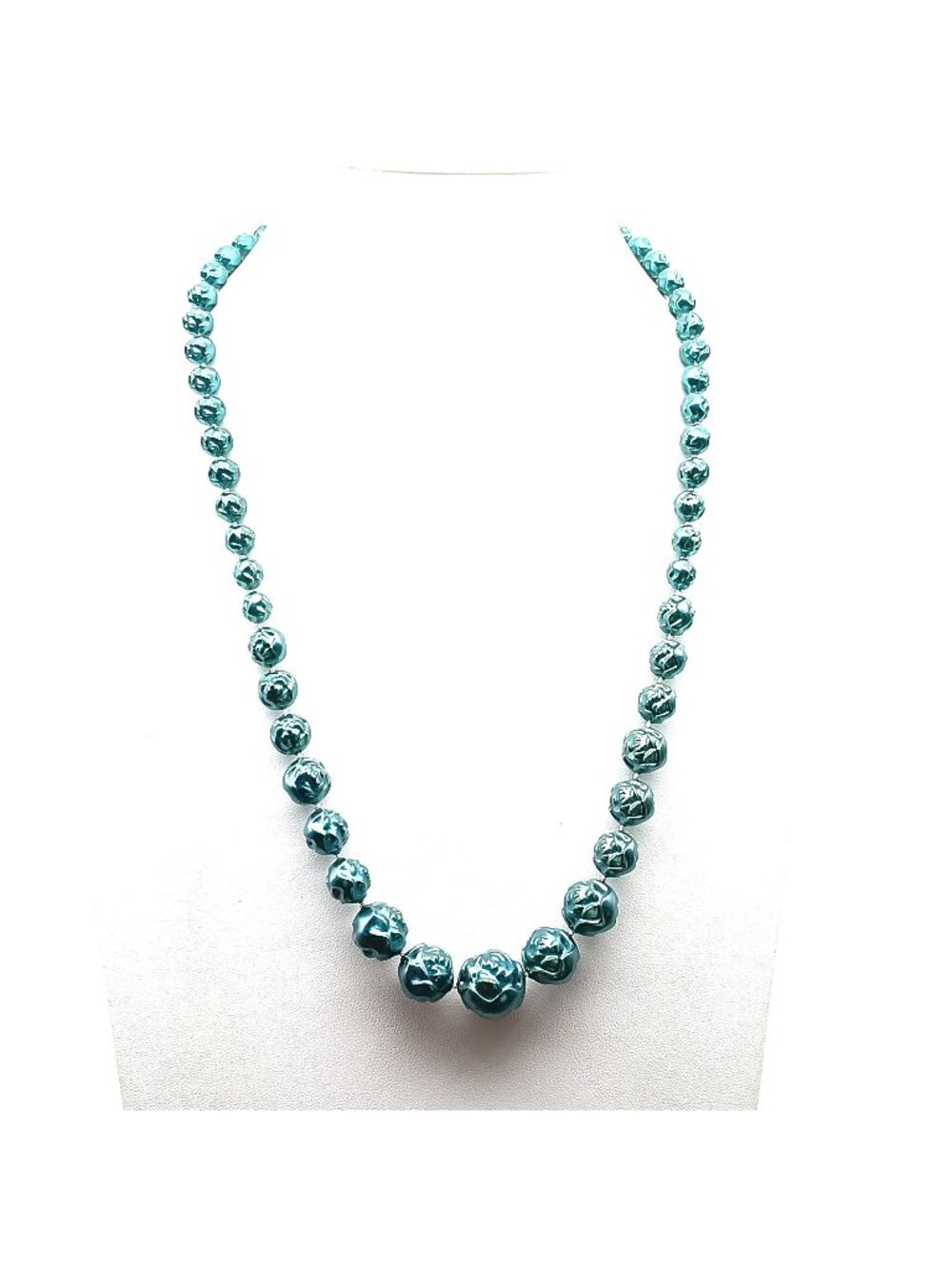 Vintage Blue-Green Iridescent Beaded Necklace with Textured Graduated Rose Mold